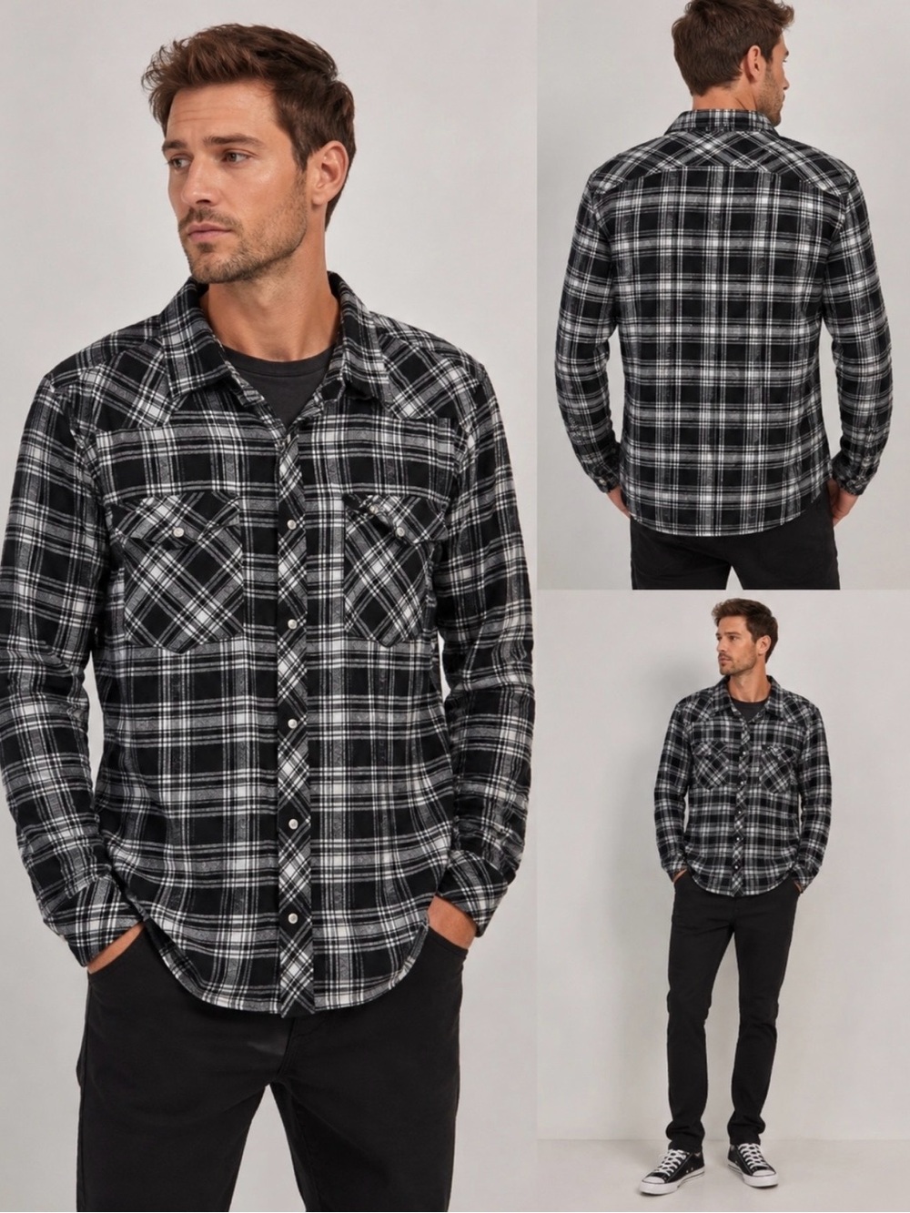 Jackson Hole Men's Long Sleeve Button Up Flannel Shirt Black White Size Large